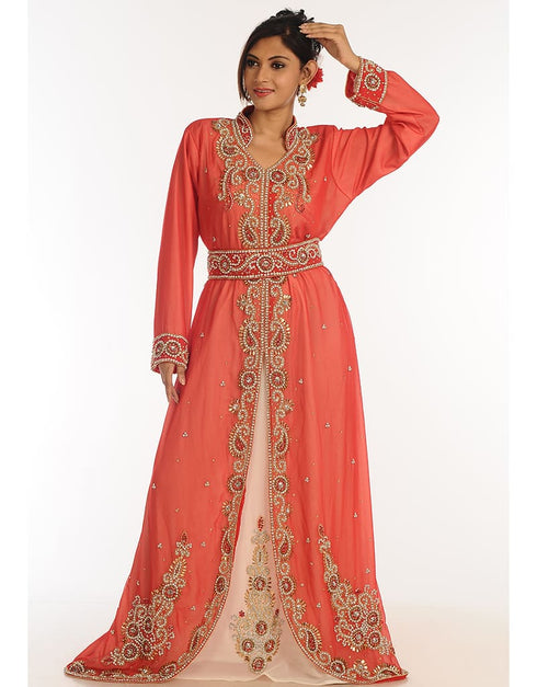 Modern Peach Georgette Hand Zari Embroidery Kaftan