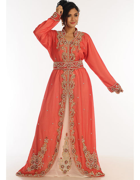 Modern Peach Georgette Hand Zari Embroidery Kaftan