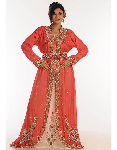 Modern Peach Georgette Hand Zari Embroidery Kaftan