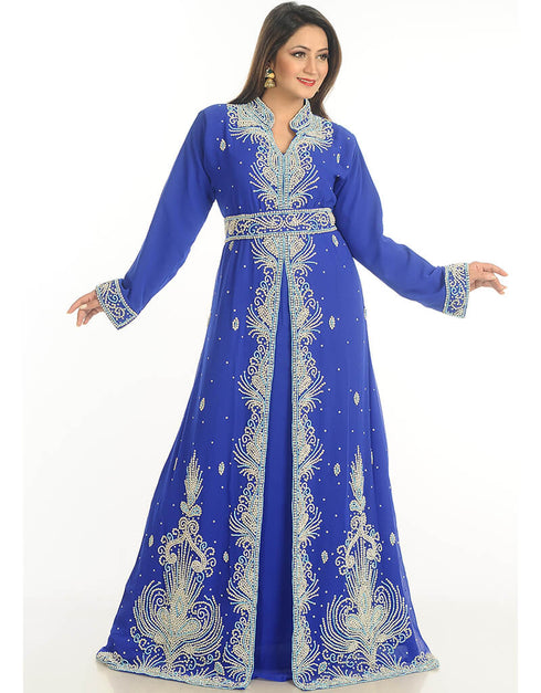 Women Royal Blue Georgette Hand Zari Embroidery Kaftan