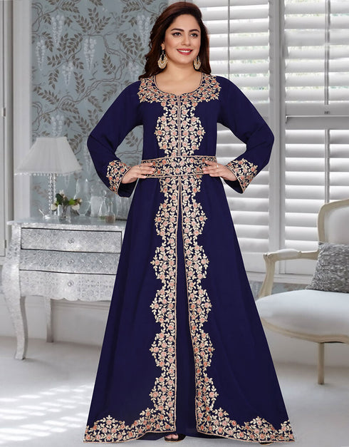 Dubai Navy Blue Embroidery Worked Moroccan Kaftan