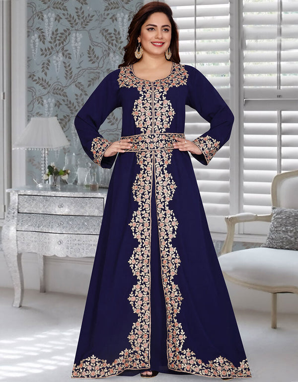 Dubai Navy Blue Embroidery Worked Moroccan Kaftan