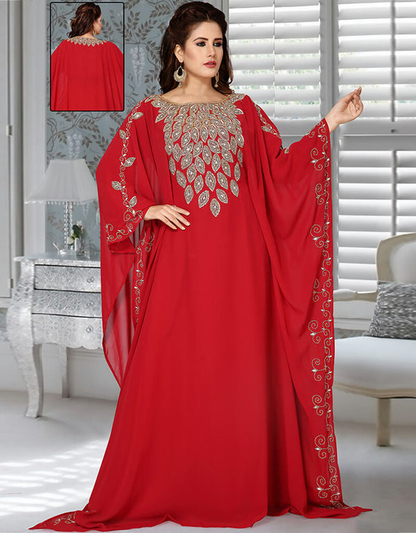 Dubai Red Georgette Hand Zari Embroidery Farasha