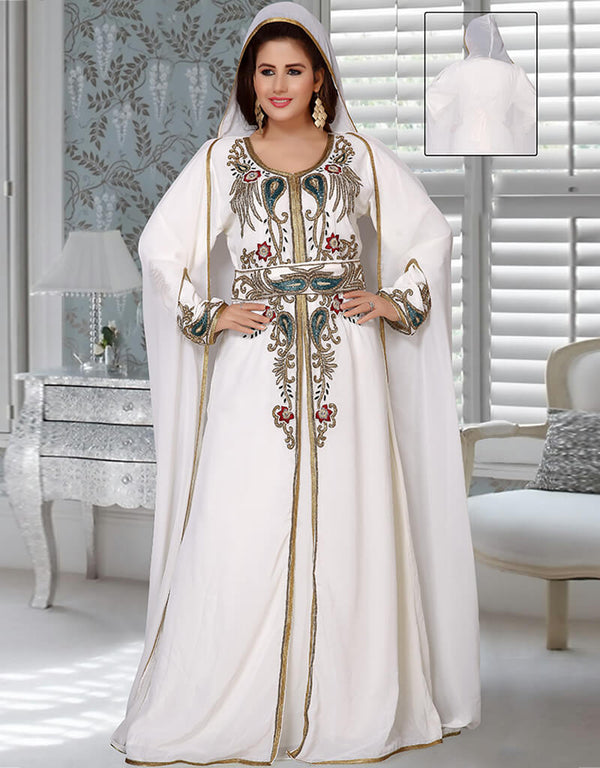Modest White Moroccan Kaftan With Hooded Jacket