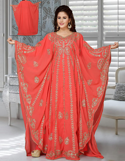 Islamic Peach Georgette Golden Embroidered Farasha