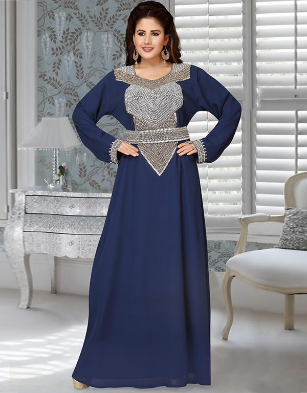 Dubai Navy Blue Heavy Embroidery Worked Moroccan Kaftan