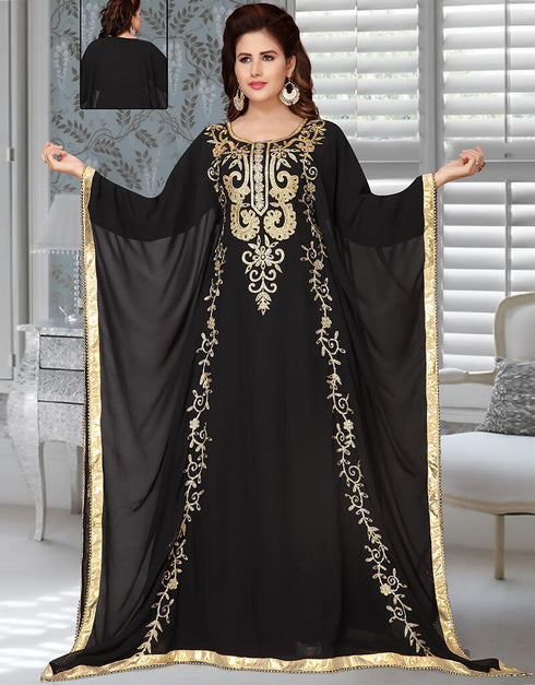 Modest Black Golden Embroidered Georgette Farasha