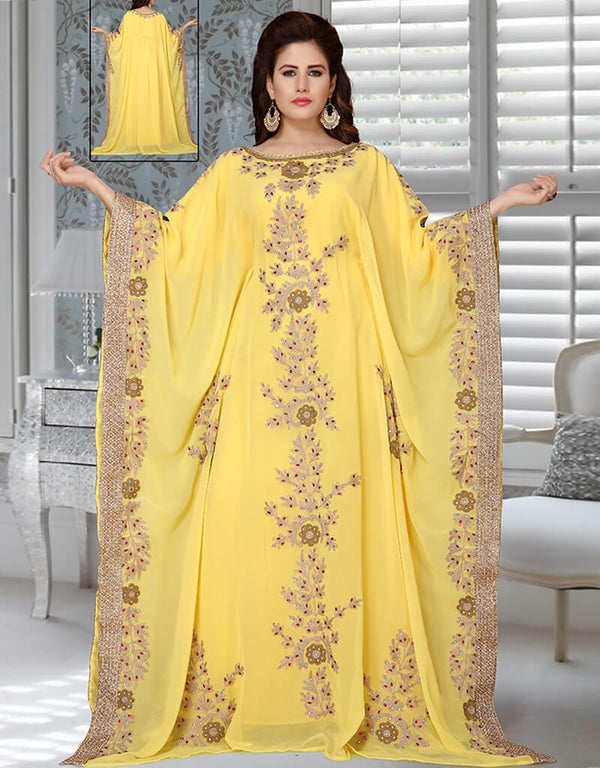 Arabic Yellow Georgette Hand Zari Embroidery Farasha