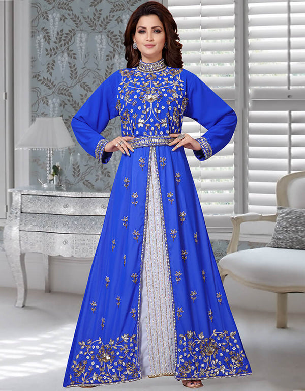Latest Royal Blue Georgette Hand Zari Embroidery Moroccan Kaftan