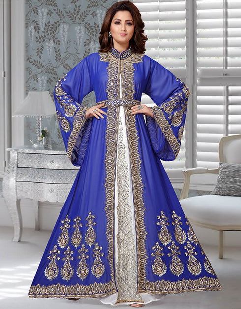 Modest Blue Heavy Embroidery Worked Moroccan Kaftan
