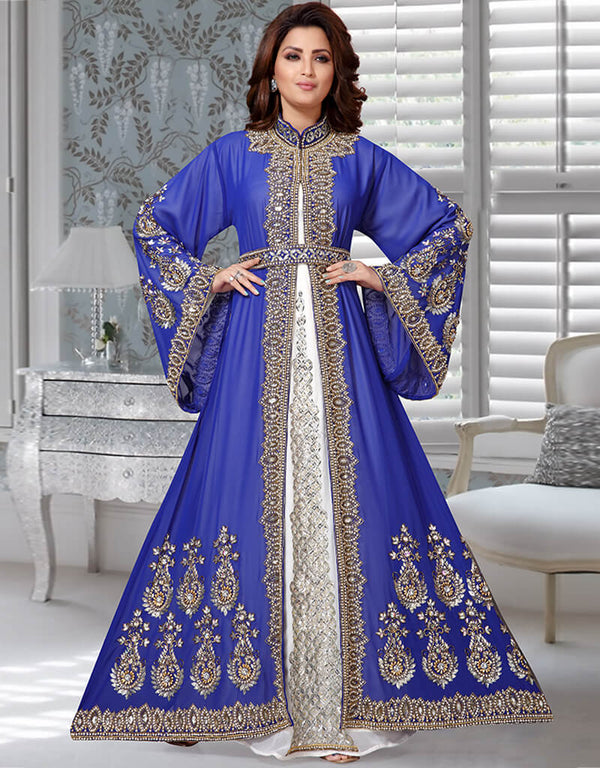 Modest Blue Heavy Embroidery Worked Moroccan Kaftan