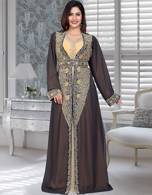 Islamic Chocolate Colored Embroidered Moroccan Kaftan