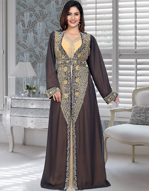 Islamic Chocolate Colored Embroidered Moroccan Kaftan