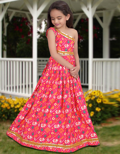 all season designer digital print work silk pink kids lehenga choli silk heavy soft net pink uf-yaana102 Back View