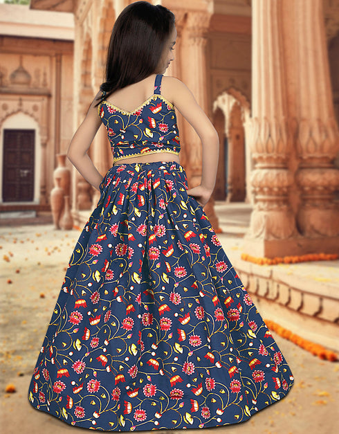 all season designer digital print work silk blue kids lehenga choli silk heavy soft net blue uf-yaana103 Side View