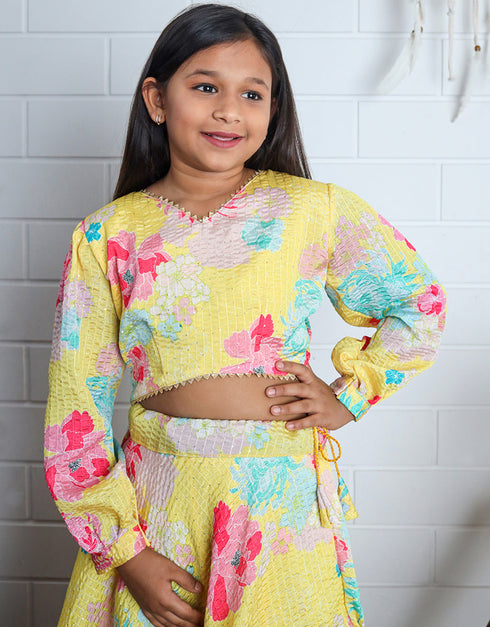 all season designer chinon sequins crochet digital print work yellow kids lehenga choli chinon sequins crochet na yellow uf-yaana201 Side View