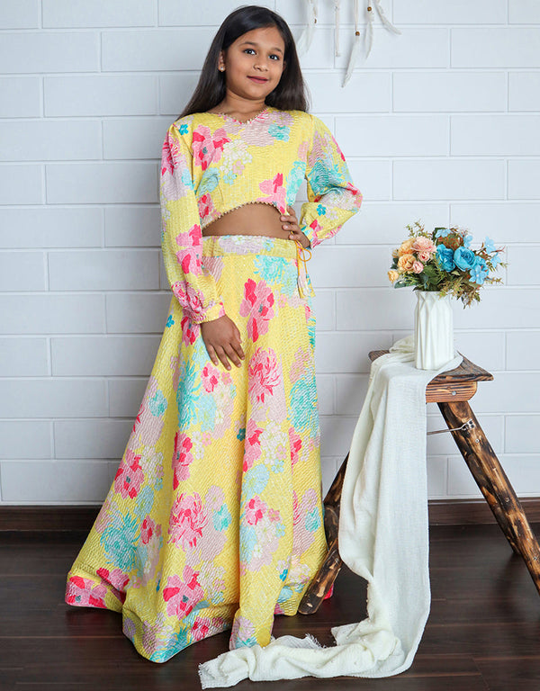 all season designer chinon sequins crochet digital print work yellow kids lehenga choli chinon sequins crochet na yellow uf-yaana201 Front View