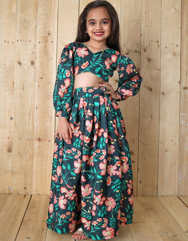 all season designer chinon sequins crochet digital print work green kids lehenga choli chinon sequins crochet na green uf-yaana202 Front View