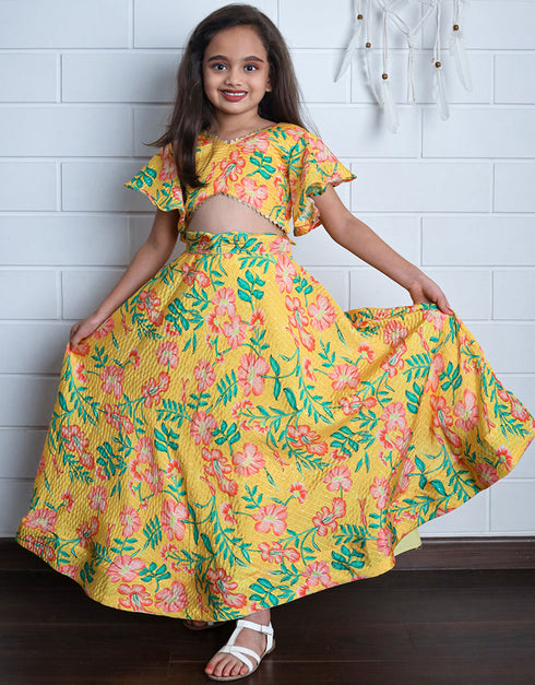 all season designer chinon sequins crochet digital print work yellow kids lehenga choli chinon sequins crochet na yellow uf-yaana203 Back View