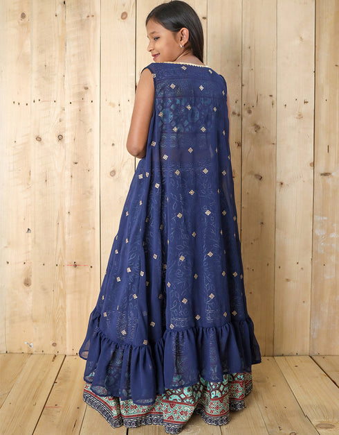 all season designer silk digital print work shrug sequance work blue kids lehenga choli silk na blue uf-yaana205 Back View