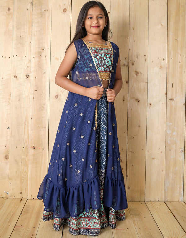 all season designer silk digital print work shrug sequance work blue kids lehenga choli silk na blue uf-yaana205 Front View