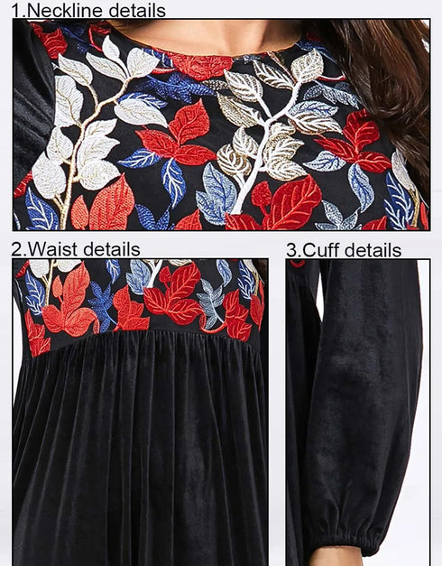 A flowing black or emerald green velvet abaya with delicate gold embroidery around the cuffs and neckline