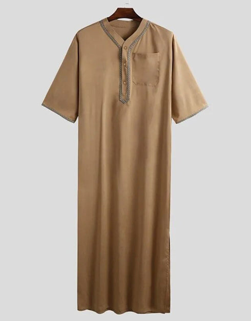 Men's Solid Button Thobe with Middle Shirt and Stand Collar