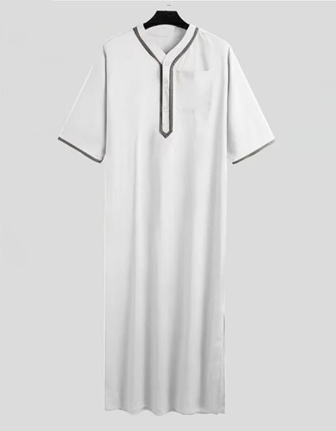 Men's Solid Button Thobe with Middle Shirt and Stand Collar