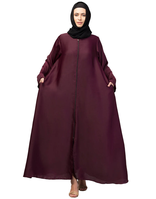 Chic Front-Open Zip Abaya for Daily Wear In the Shade Of Wine