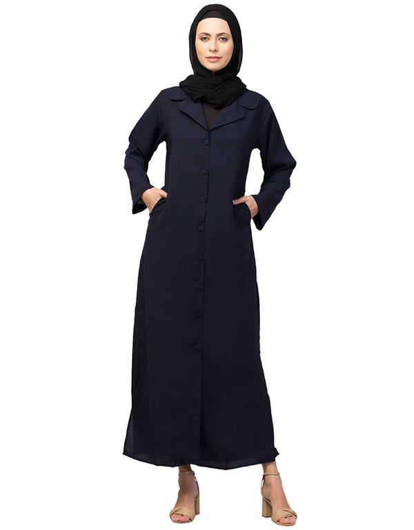Modest Abaya with open front and coat-style collar In the Color Navy Blue