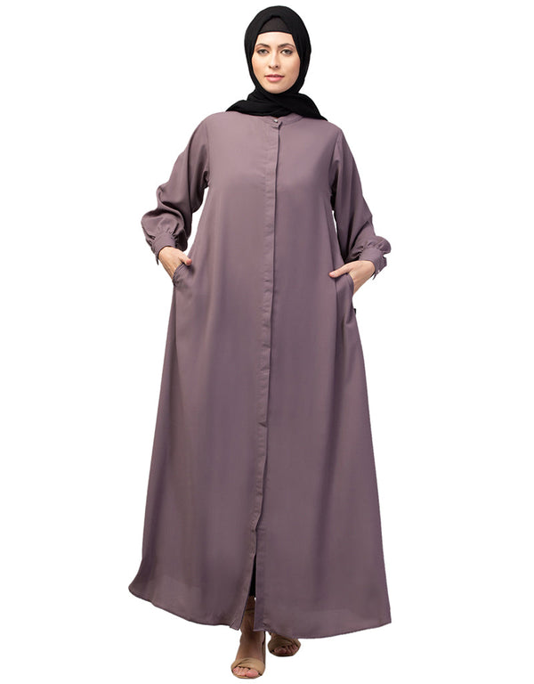 Muslim Abaya with a simple design and front opening In the Shade of Lt Purple