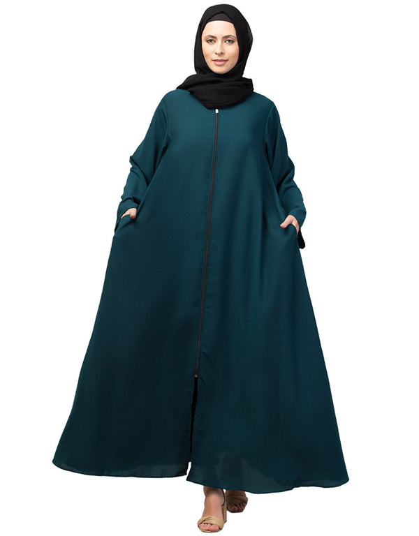 Dubai Long-Sleeved Abaya with Flared Hem for a Sophisticated Look In Color Teal Blue