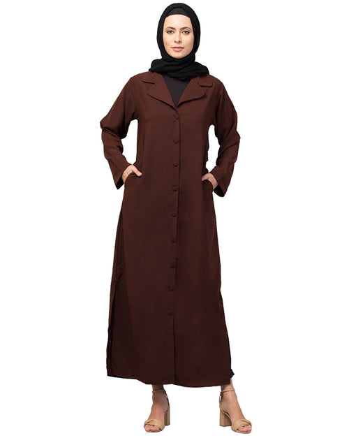 Islamic Abaya with coat collar and buttoned In the Color Brown